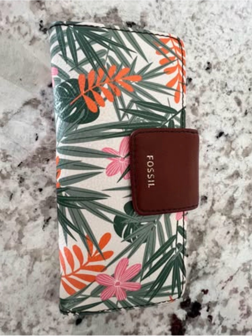 Fossil Tropical Floral Wallet in Green, Pink & Orange with Brown Snap
